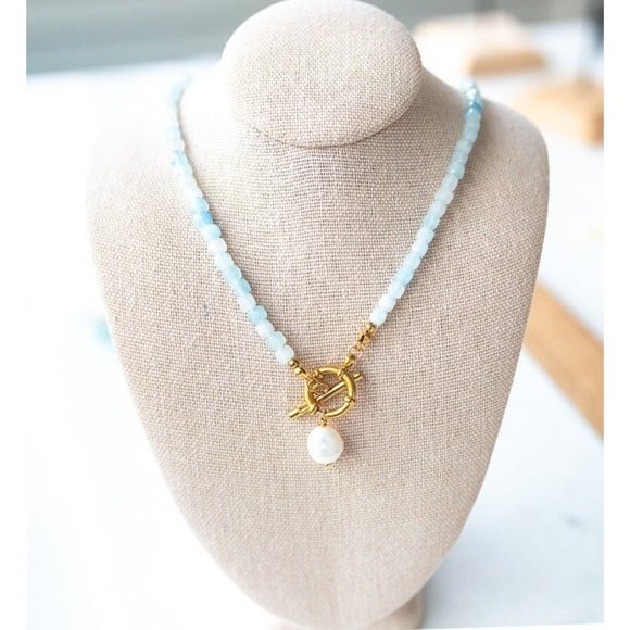 Lovely Aquamarine Gemstone Necklace gold toggle clasp removeable baroque pearl - Picture 1 of 12